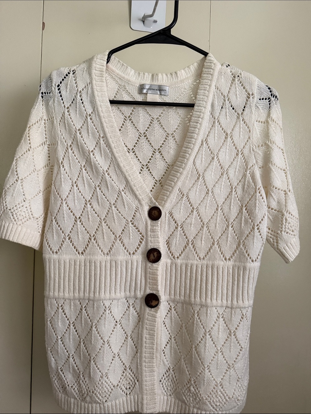 Christopher & Banks Cream Open-Knit Short Sleeve Cardigan with Buttons - S